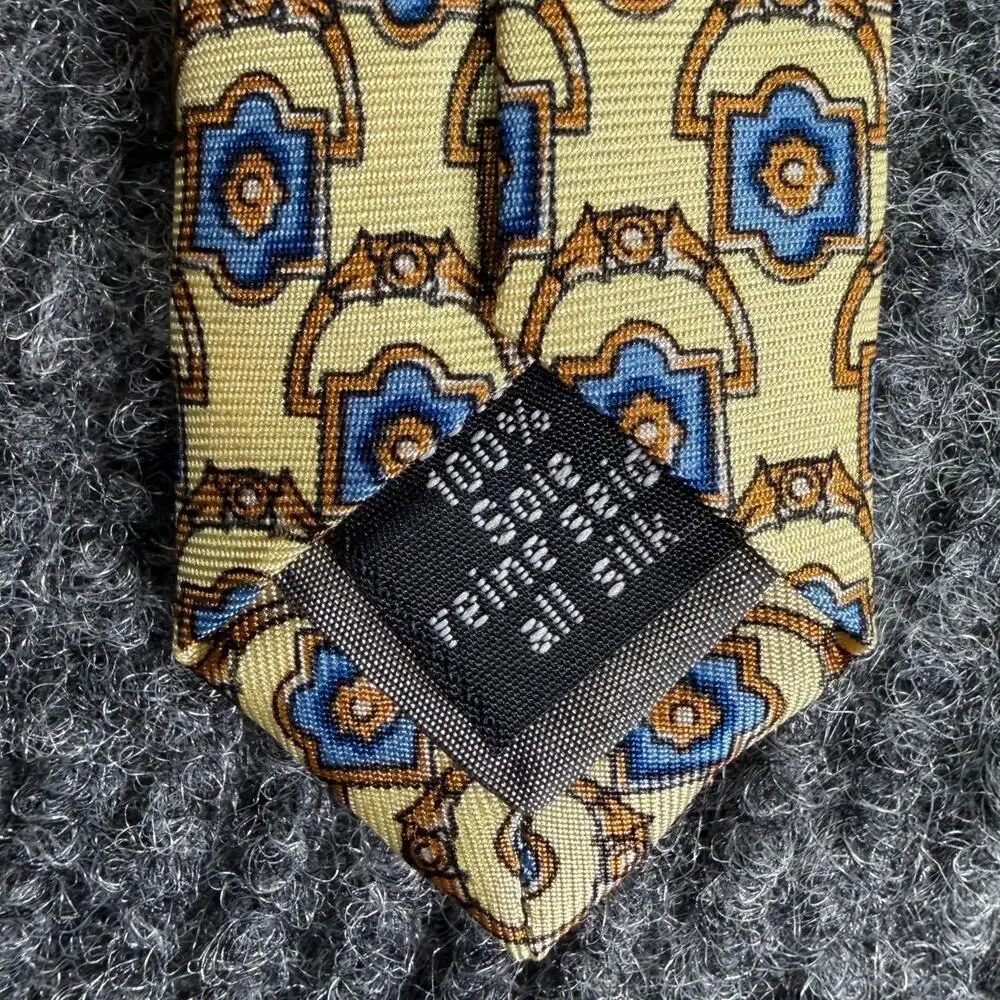 Valentino Rudy Italy Men’s 100% Silk Yellow Blue Brown Geometric Necktie